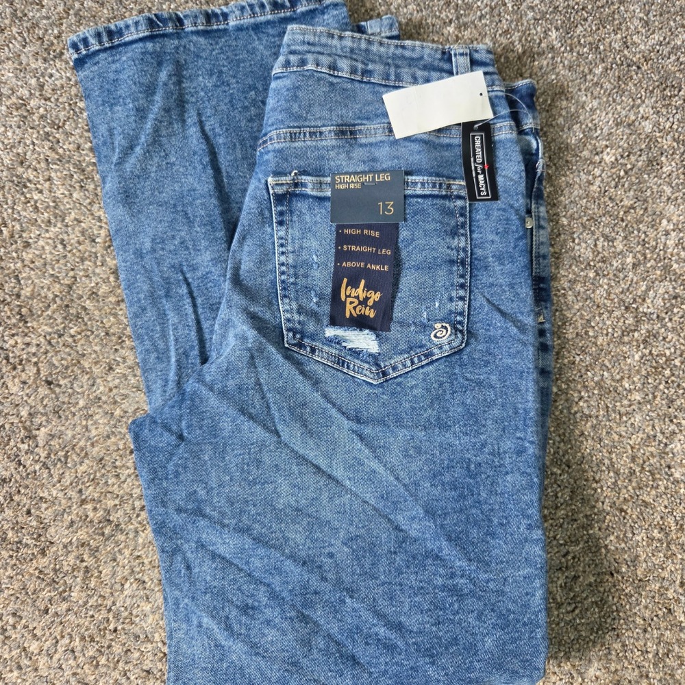 Indigo Rein High Rise Straight Leg Distressed Jeans Size 13 Blue Above‎ Ankle